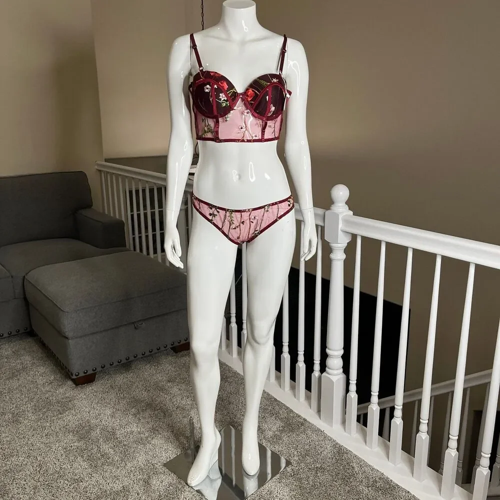 Sexy Floral Lace Lingerie Matching Set Women’s Size L #675